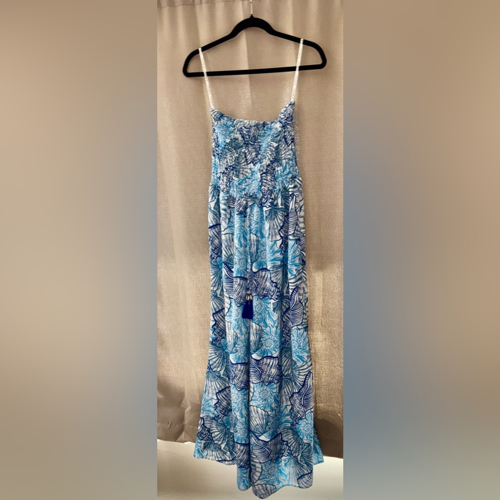 Blue Tropical Seashell Print Strapless Maxi Jumpsuit Beach Vacation Resort